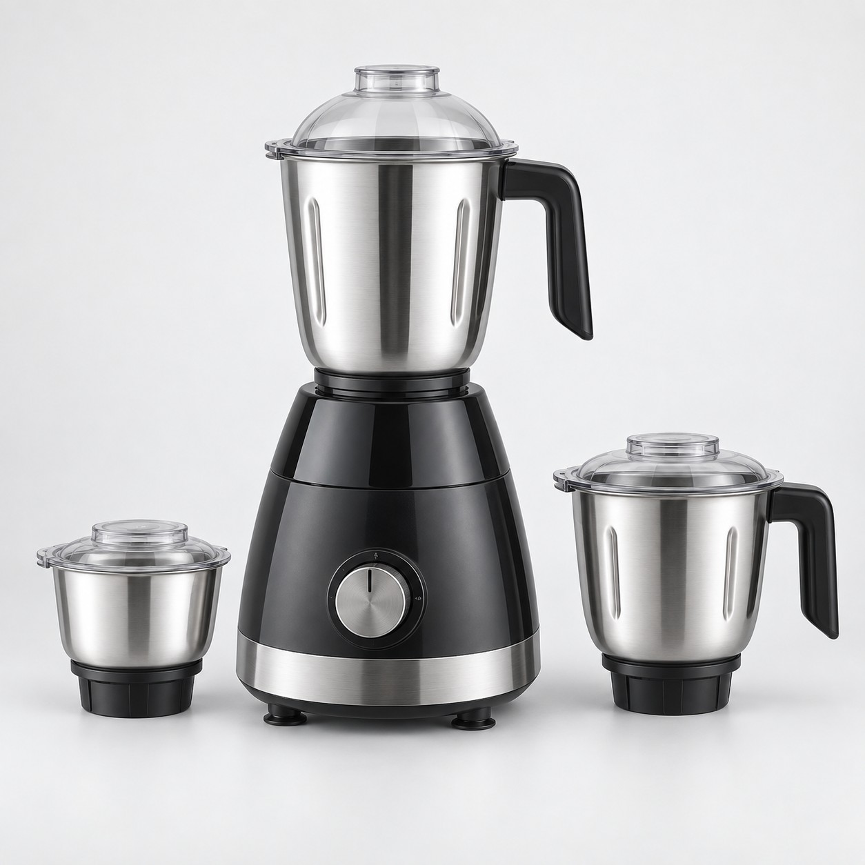 Illustrative black and stainless steel mixer grinder with jars