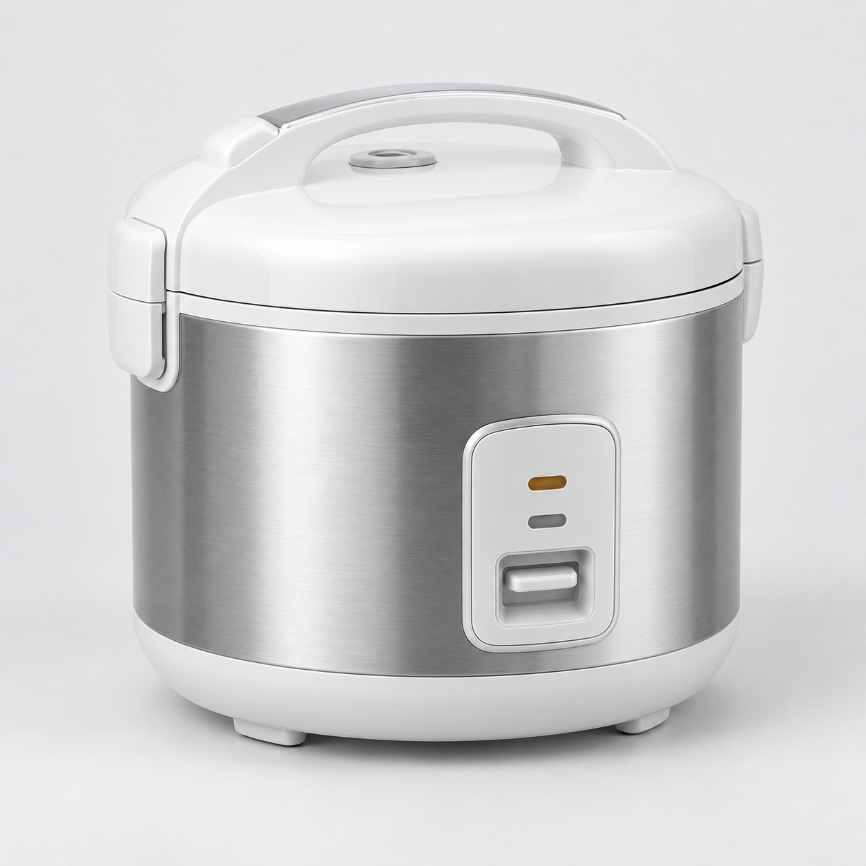 Illustrative stainless steel and white rice cooker